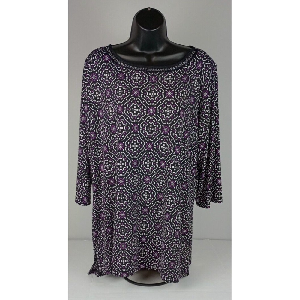 Christopher & Banks Womens XL Black White Purple Floral Silver Studs Blouse